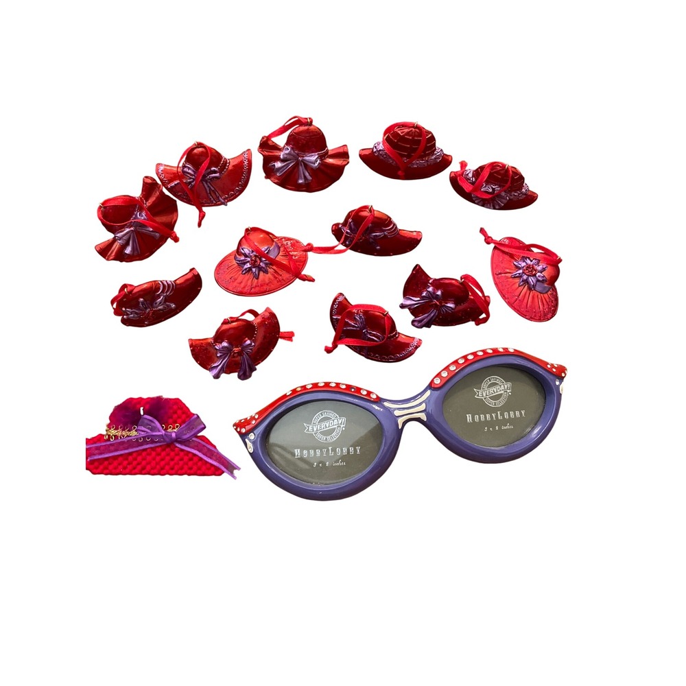 Red Hat Society Ornaments  Eyeglass Photo Frame Bundle Red Purple 13 pc